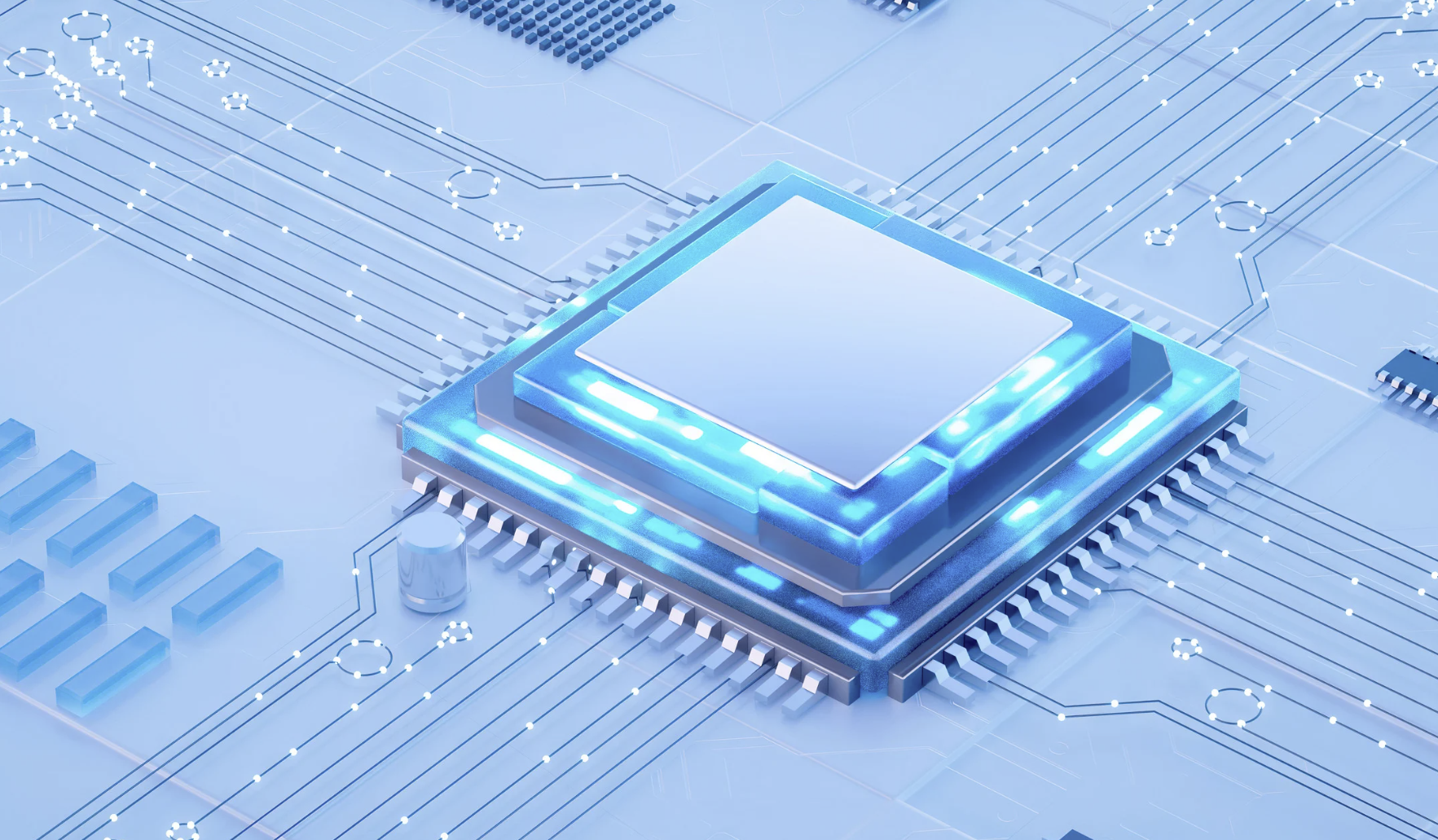 AI processor with blue glowing circuits