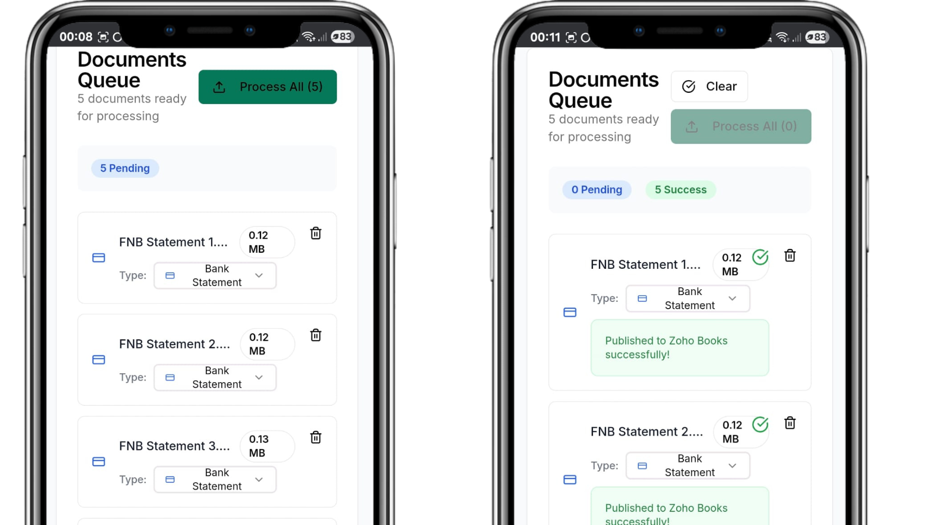 Document queue showing pending and processed status with clear tracking