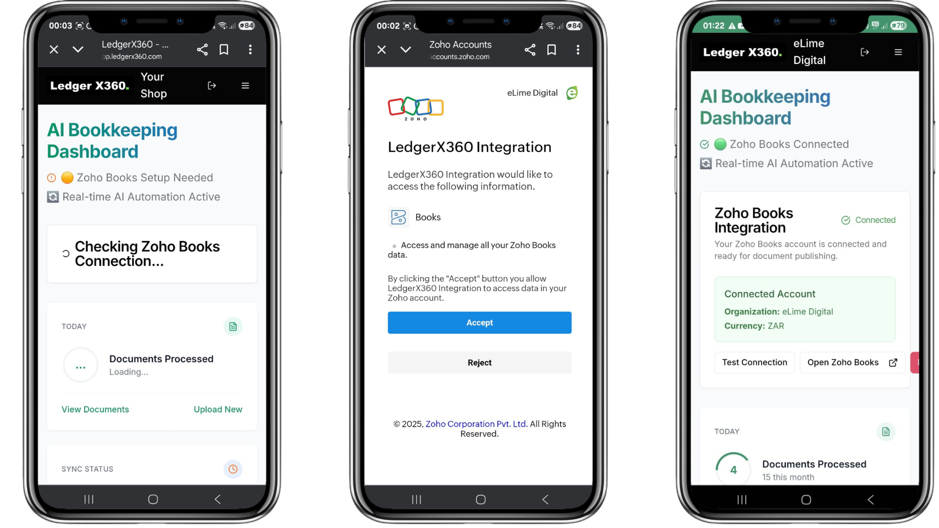 Zoho Books integration process from dashboard to connected state